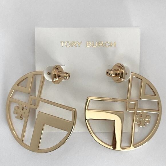 New Tory Burch Gold Chevron Stud Hoop Earrings - Picture 3 of 7